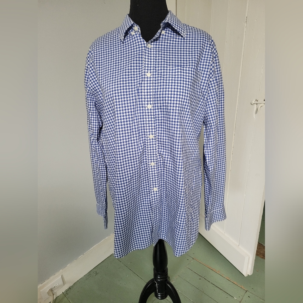 Men's LL Bean wrinkle resistant blue and white plaid shirt.